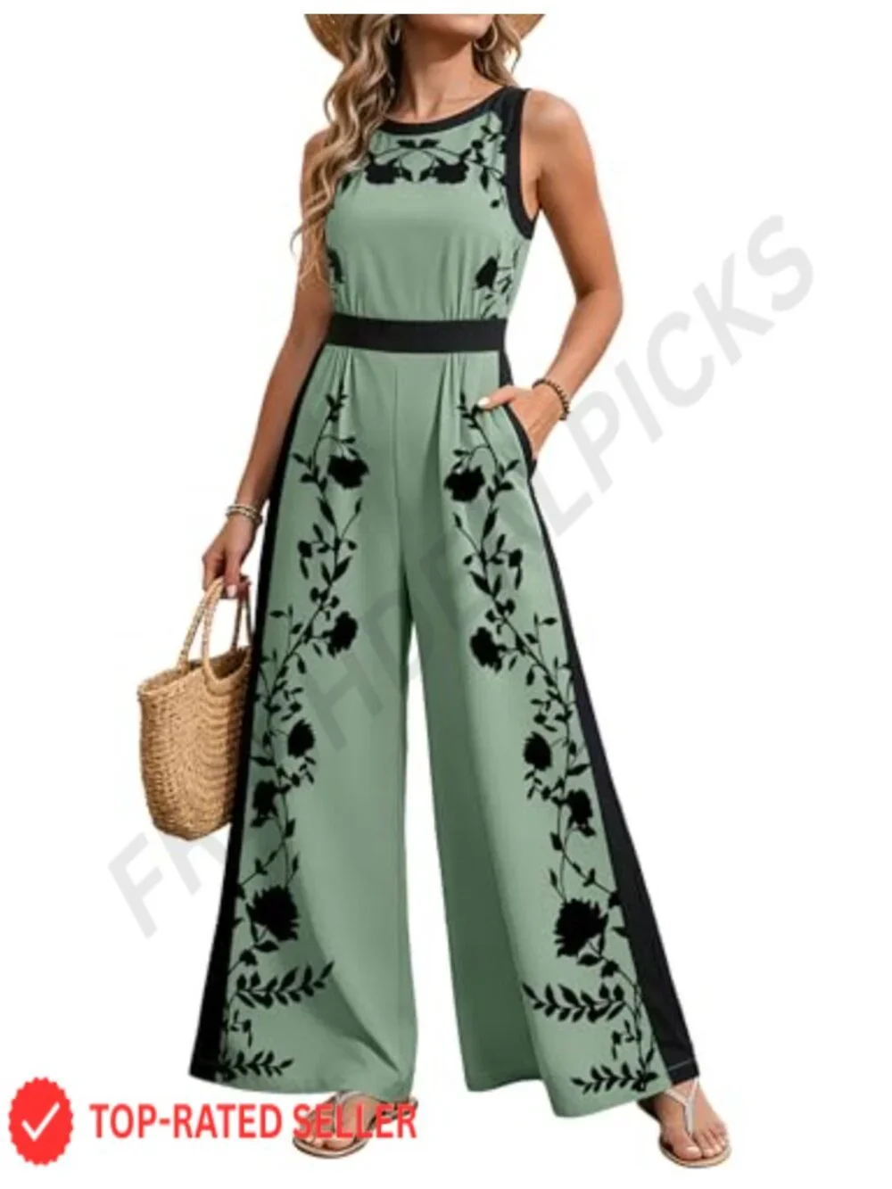 Women's Floral Wide Leg Jumpsuit Sleeveless Summer Romper with Pockets